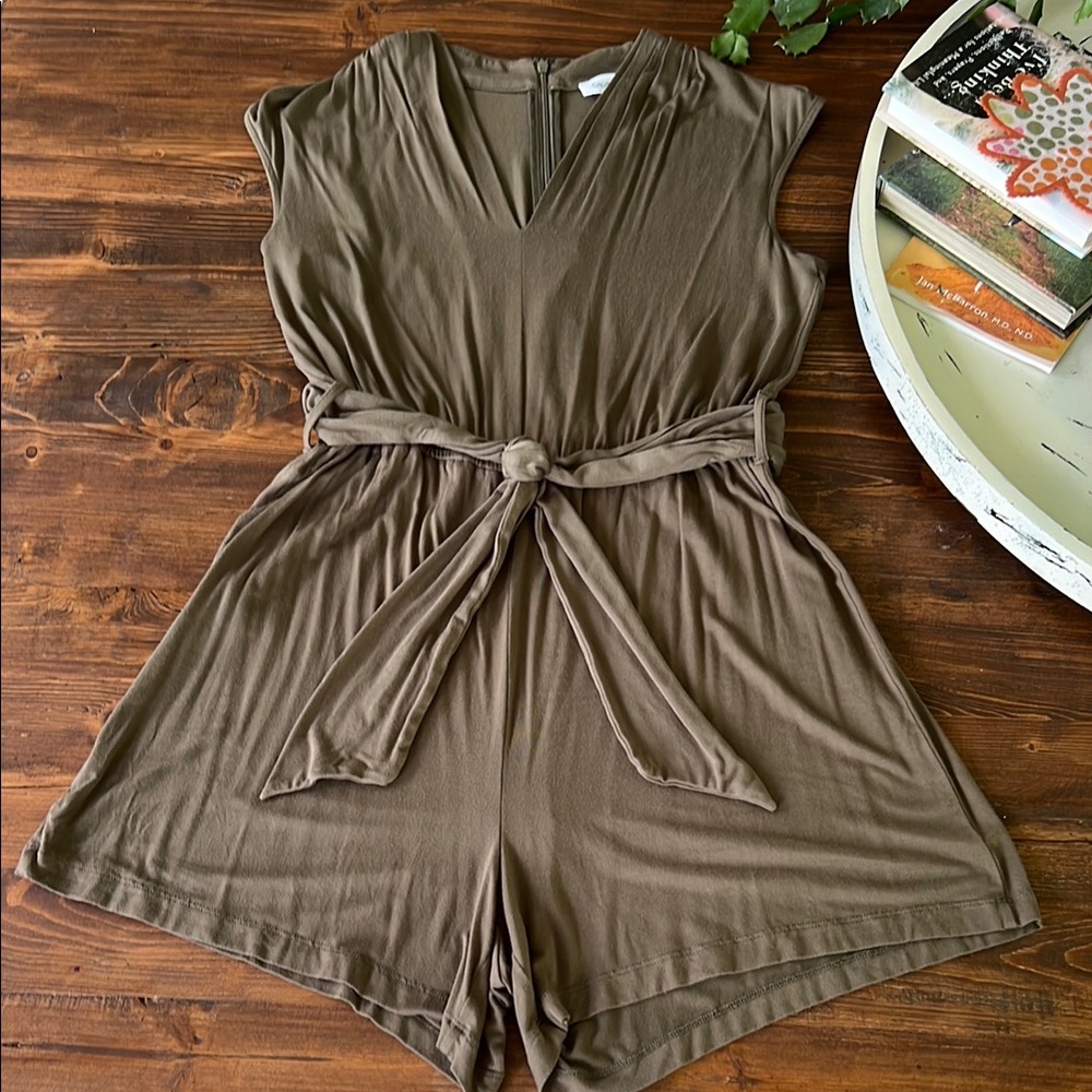 Calvin Klein Olive Green V-Neck Jumpsuit with Belt